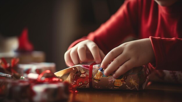 Un niño abriendo un regalo de navidad con un suéter rojo.