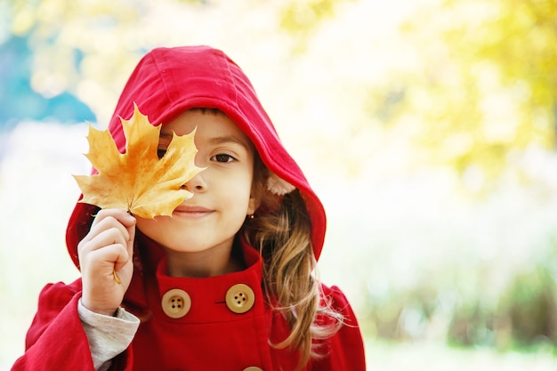 Niño en un abrigo rojo con hojas de otoño. Me encanta el otoño Enfoque selectivo