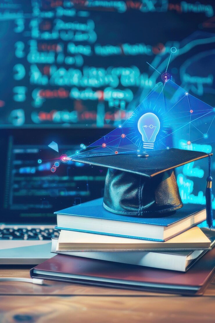 Niño absorto en el aprendizaje digital creativo con el concepto de bombilla vibrante en una pantalla holográfica en una habitación oscura
