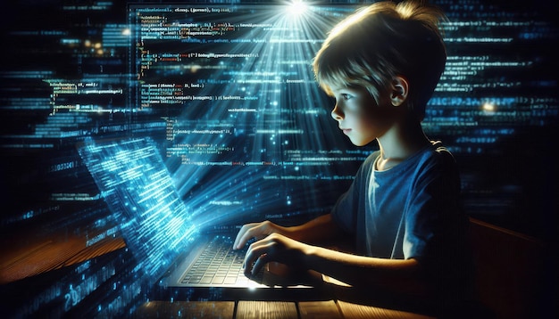 Un niño absorto en la codificación en una computadora portátil rodeado de proyecciones de código Concepto El futuro de la tecnología niños codificando educación STEM el poder de la imaginación