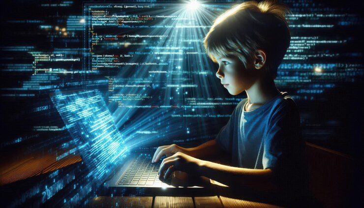 Foto un niño absorto en la codificación en una computadora portátil rodeado de proyecciones de código concepto el futuro de la tecnología niños codificando educación stem el poder de la imaginación
