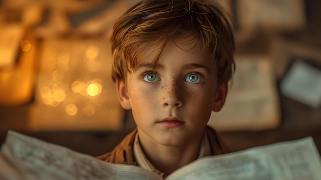 Niño absorto en la lectura de un libro emocionante a la luz de las velas, niño imaginativo absorto en la historia AI