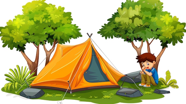 Foto un niño está acampando en el bosque ha puesto su tienda y ahora se está relajando junto a la fogata el niño está disfrutando de la paz y la quietud del bosque