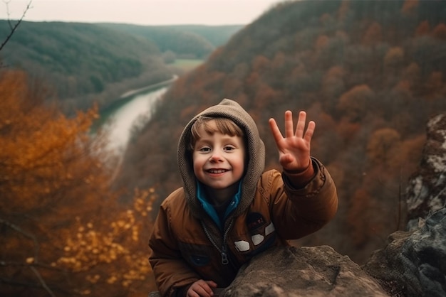 Un niño en un acantilado con un río al fondo.