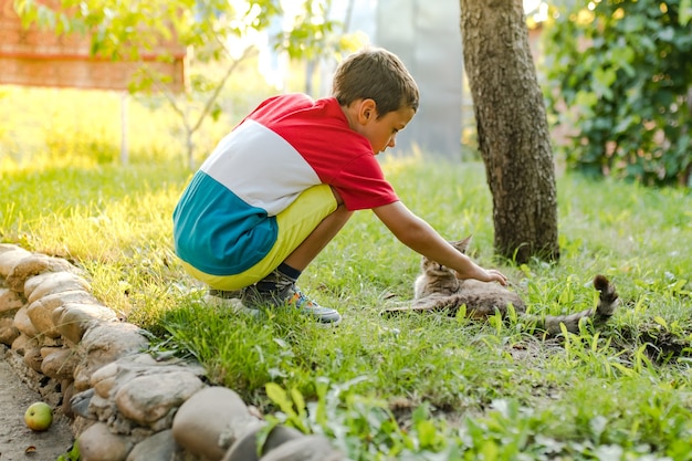 Un niño acaricia a un gato en el patio.