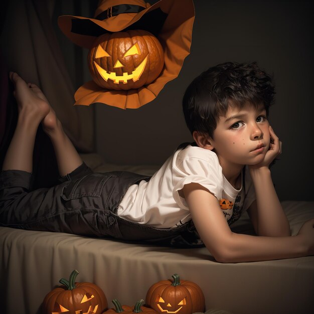 Foto un niño acostado en una cama con una calabaza que dice 