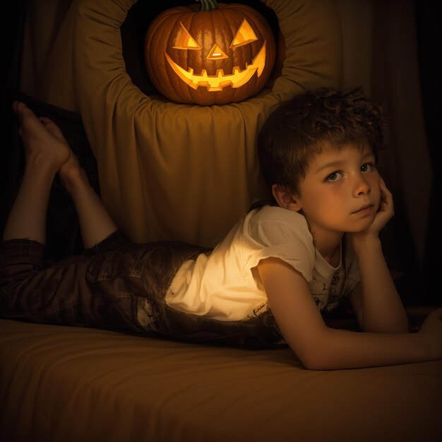 Foto un niño acostado en una silla con una calabaza en la cara.