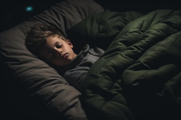 Foto niño adicto al teléfono inteligente, somnoliento, agotado y navegando por las redes sociales en la cama.