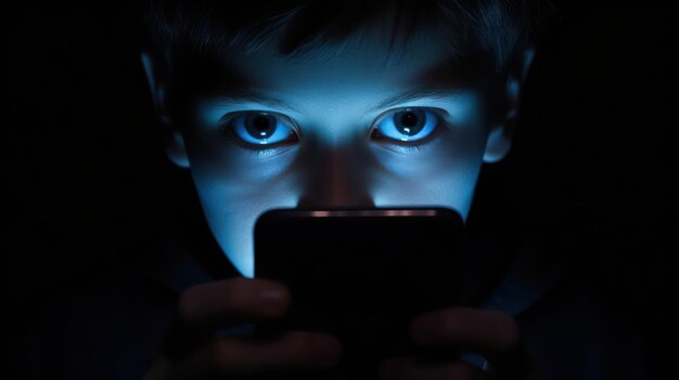 Foto niño adicto al teléfono inteligente
