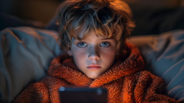 Foto niño adicto al teléfono móvil