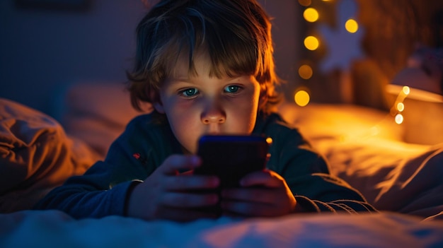 Un niño adicto a la tecnología en la cama por la noche usando un dispositivo móvil para jugar, ver videos y desplazarse por la pantalla
