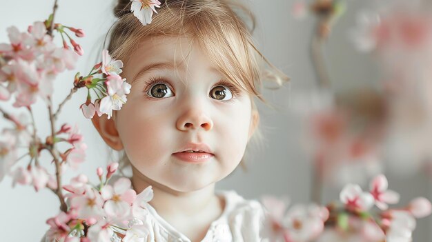 Un niño admirando un ramo de flores de cerezo rosadas