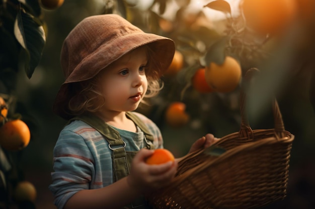 Niño adorable aprendiendo a cosechar frutas hechas con IA generativa
