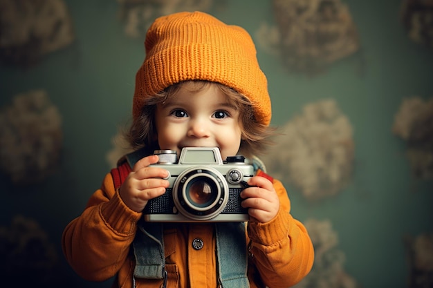 Niño adorable con una cámara antigua