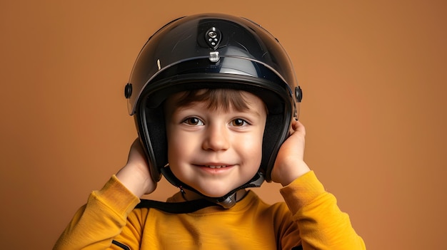 un niño adorable con un casco en la cabeza un fondo más sólido