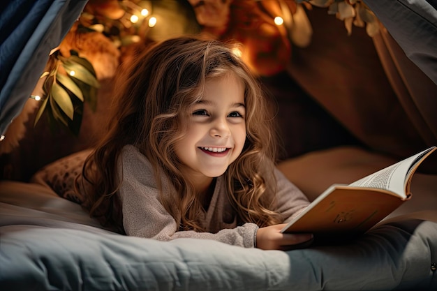 Niño adorable con libro abierto en la cama