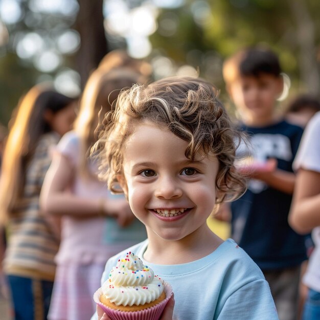 Foto niño adorable sosteniendo un pastel sonriendo con niños en el fondo en un parque