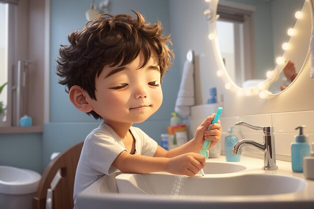 Foto el niño adormecido se está despertando y cepillándose los dientes en el baño.