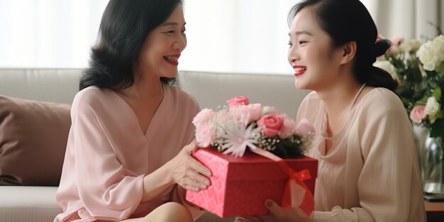 Un niño adulto abraza y le da una caja de regalo de flores con un corazón rojo a una madre madura de mediana edad.