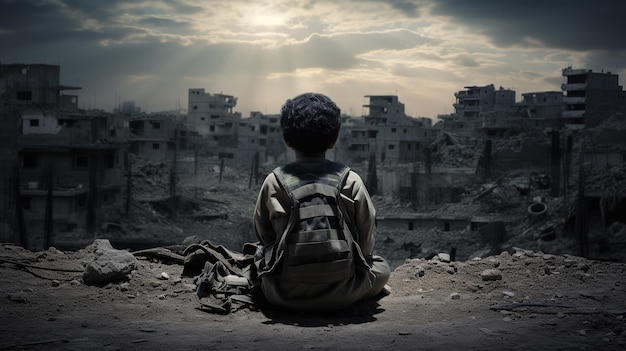 Niño afectado por la guerra en el contexto de una ciudad destruida un terremoto o una bomba Guerra Palestina
