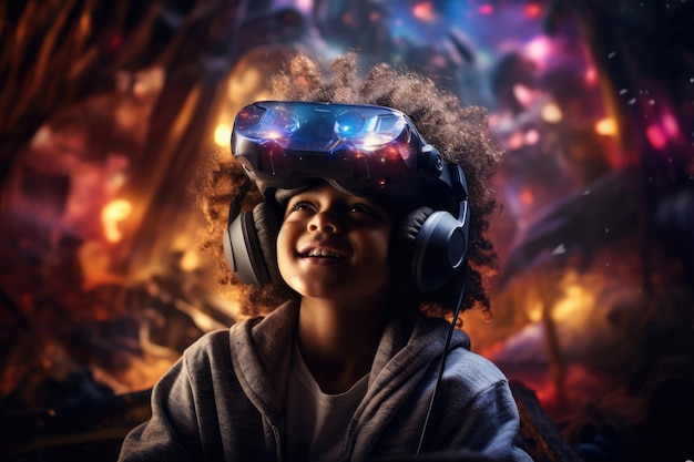 Un niño africano americano que usa auriculares VR mundo surrealista y campos de flores coloridos de realidad virtual IA generativa