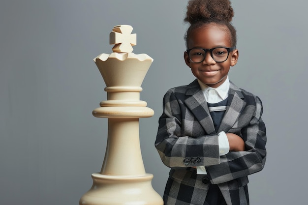 niño africano de aspecto inteligente con una enorme pieza de ajedrez retrato de un niño con un rey de ajedres gigante