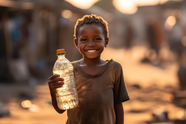 Niño africano con una botella de agua limpia en la mano Escasez de agua en los países pobres Imagen con fondo borroso generado por AI