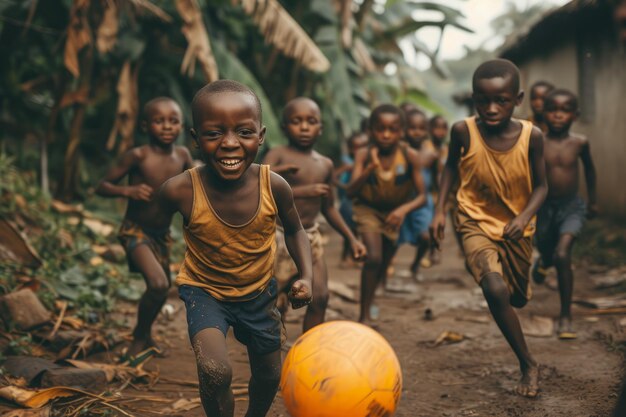 Un niño africano sin brazo juega a la pelota en su aldea con otros niños