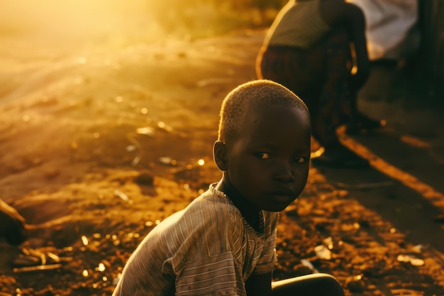 Foto niño africano en la calle falta de agua, crisis de sed, día de protección de los niños