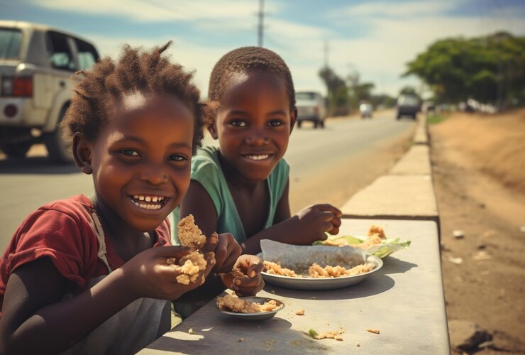 un niño africano comiendo al costado de la carretera con una sonrisa