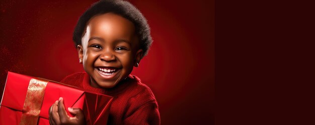 Un niño africano está desempaquetando un regalo y se ríe en el fondo rojo Banner espacio de copia Generative ai