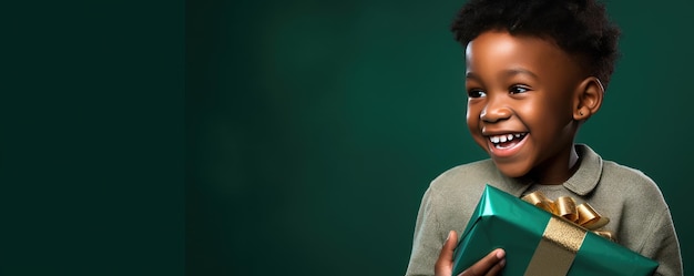 Un niño africano está desempaquetando un regalo y ríe en el fondo verde Banner espacio de copia Generativo ai