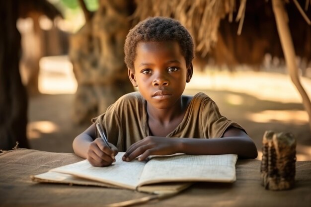 Niño africano estudiando al aire libre en un entorno de aldea