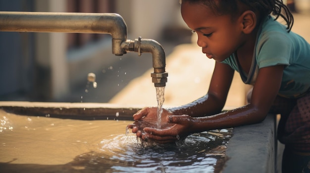Niño africano extiende sus manos hacia un grifo de agua limpia