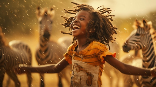 Un niño africano feliz disfrutando de la lluvia en África, falta de agua y problemas de corrientes de aire