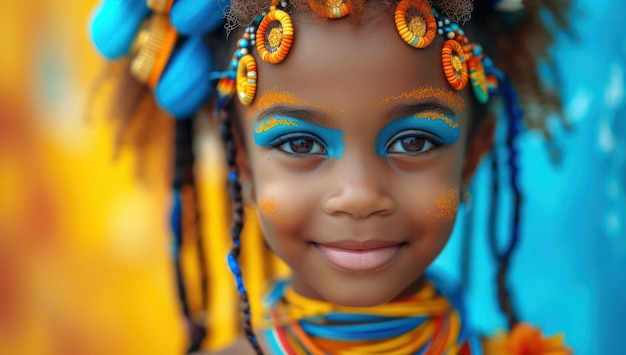 Foto niño africano feliz con maquillaje al estilo de la flor primer plano extremo ia generativa