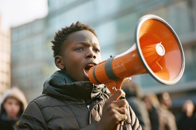 Un niño africano gritando en un megáfono en una protesta