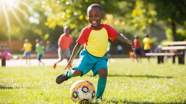 Niño africano en un parque de verano con una pelota de fútbol