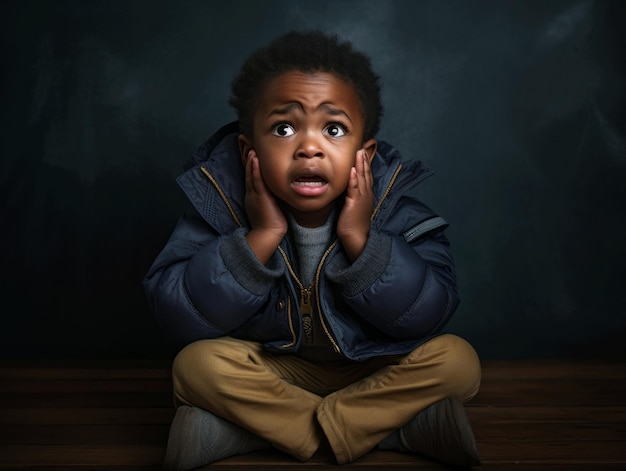 Niño africano en pose dinámica emocional en la escuela