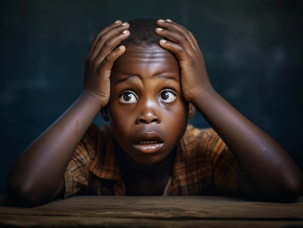 Niño africano en pose dinámica emocional en la escuela