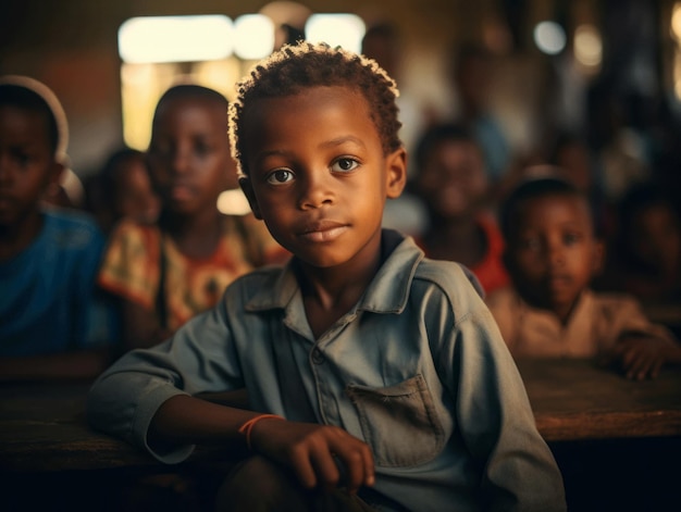 Niño africano en pose dinámica emocional en la escuela