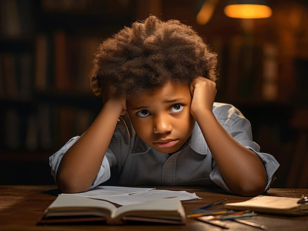 Niño africano en pose dinámica emocional en la escuela