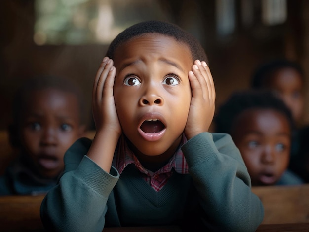 Niño africano en pose dinámica emocional en la escuela