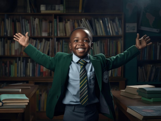 Niño africano en pose dinámica emocional en la escuela