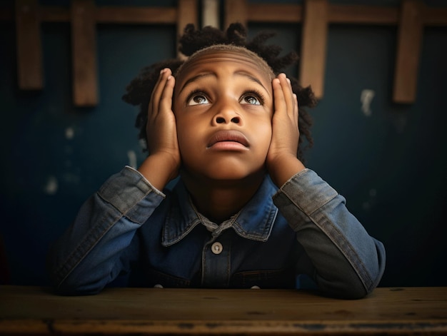 Niño africano en pose dinámica emocional en la escuela