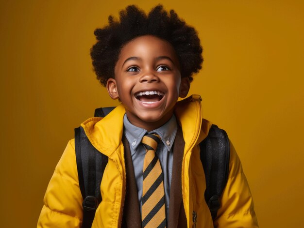 Niño africano en una pose emocional dinámica en la escuela