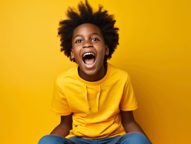 Niño africano en una pose emocional dinámica en la escuela