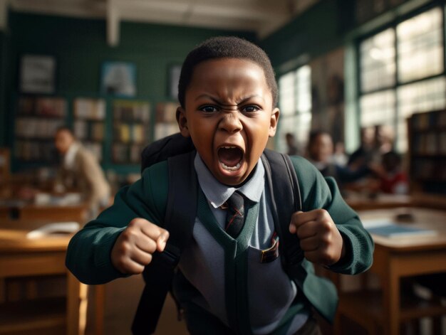 Niño africano en una pose emocional dinámica en la escuela