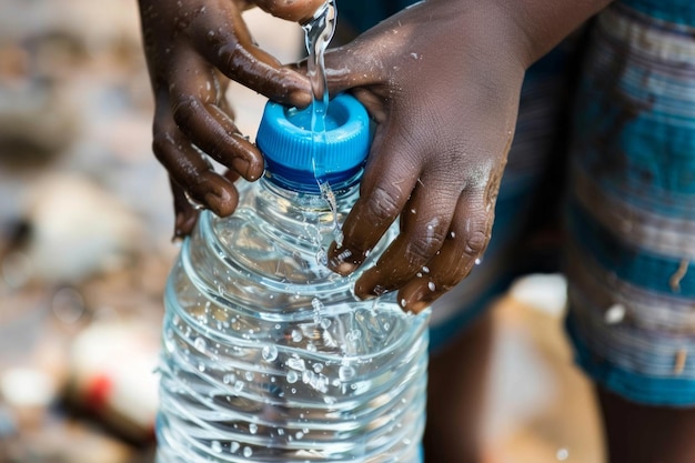 Un niño africano recoge agua potable sucia de un arroyo