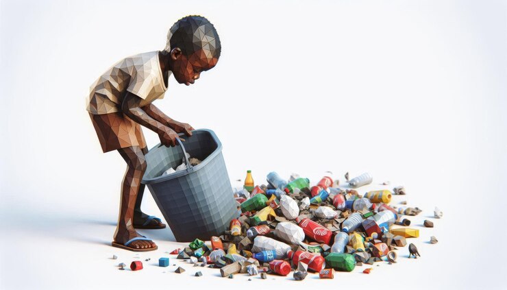Un niño africano recoge la basura esparcida por el suelo bajo poli aislado sobre fondo blanco
